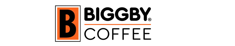Logo of Biggby Coffee featuring a bold orange "B" and black text on a dark background with an orange underline.